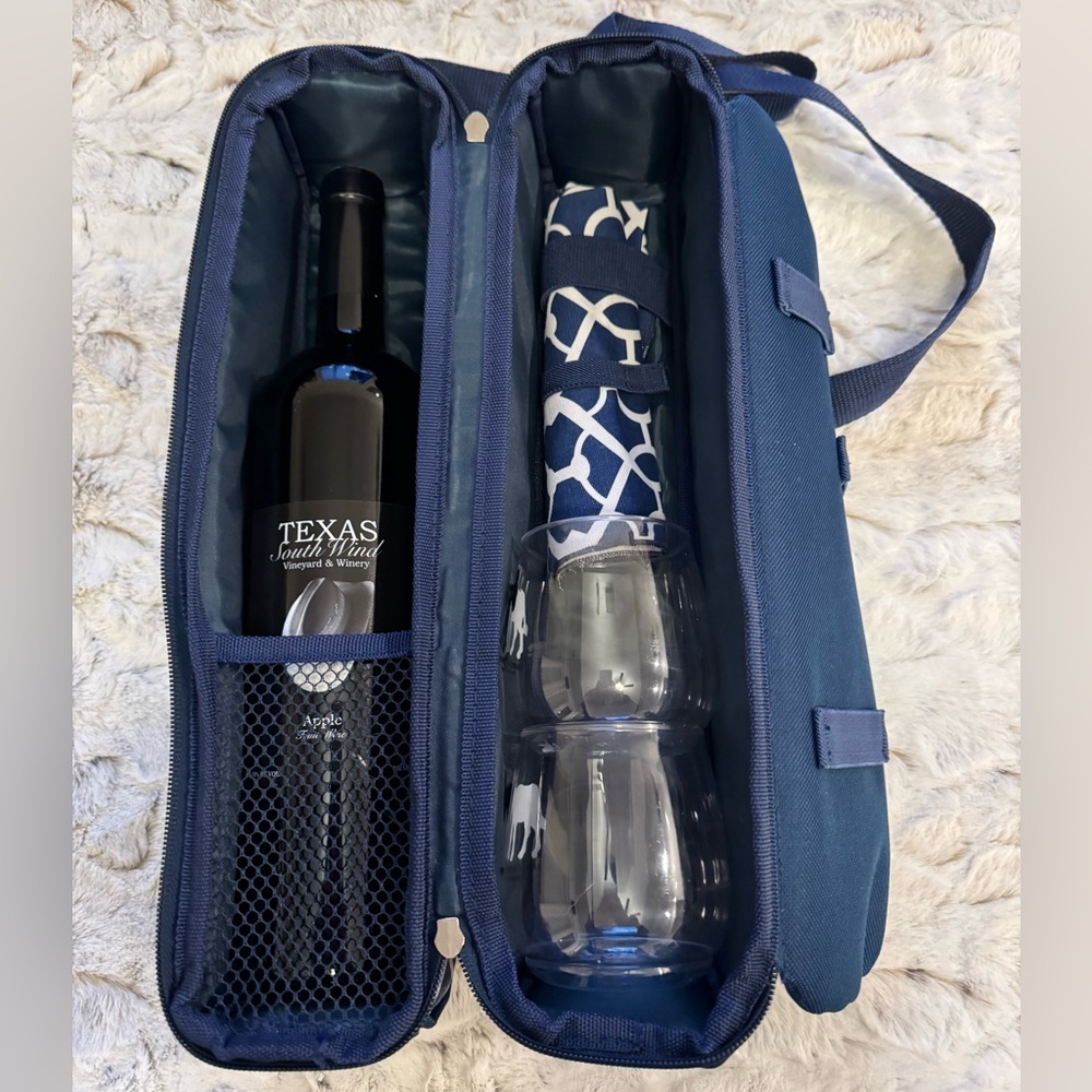 Picnic at Ascot Blue & White Wine & Wine Glasses Carrier